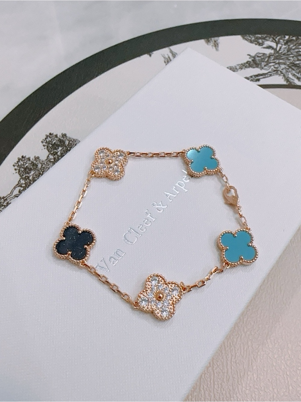 Van Cleef & Arpels Gold Turquoise Black Pave Alhambra Bracelet